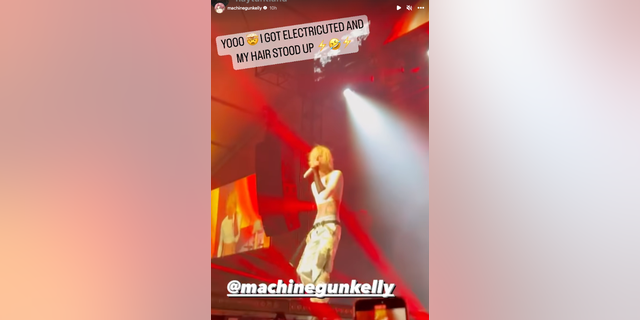 Machine Gun Kelly seemed unphazed after he was ‘electrocuted’ and flipped his blonde hair back moments later. 