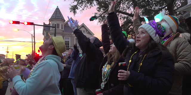 Mardi Gras revelers cheer for beads along the parade route.