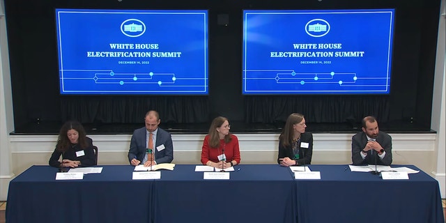 Laskey, right, speaks during the White House electrification summit on Dec. 14.