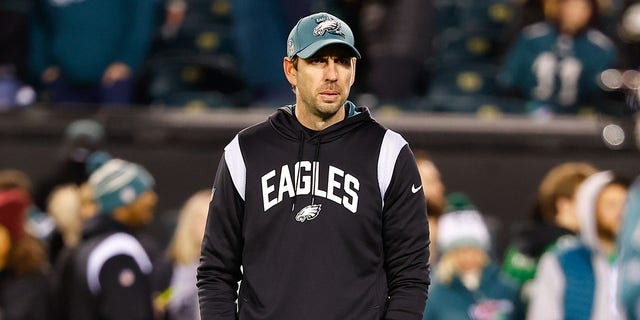 Philadelphia Eagles offensive coordinator Shane Steichen prior to  the NFC Divisional playoff game between the Philadelphia Eagles and the New York Giants on January 21, 2023 at Lincoln Financial Field in Philadelphia, Pennsylvania. 