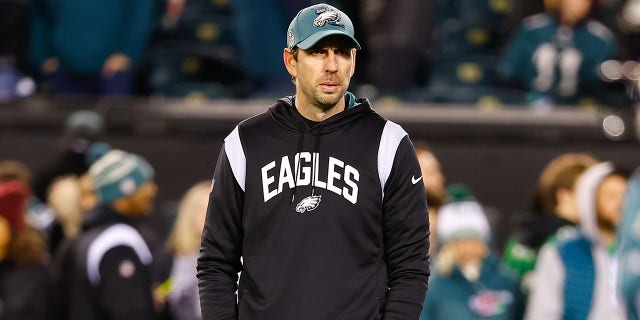 Philadelphia Eagles offensive coordinator Shane Steichen before the NFC divisional playoff game between the Philadelphia Eagles and the New York Giants on January 21, 2023 at Lincoln Financial Field in Philadelphia, Pennsylvania. 