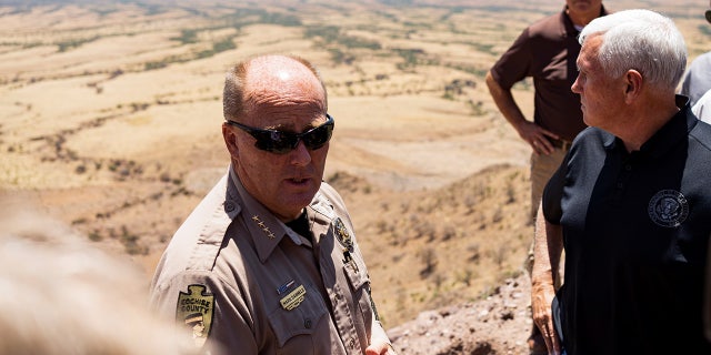 Cochise County Sheriff Mark Dannels, left, called the southern border the largest crime scene in the United States during a House Judiciary Committee hearing on Feb. 1, 2023. REUTERS/Rebecca Noble