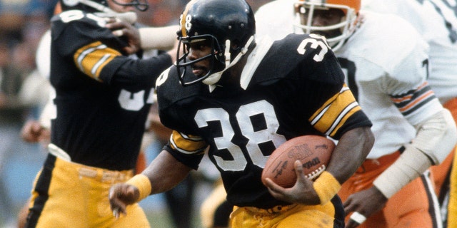 Sidney Thornton, #38 of the Pittsburgh Steelers, carries the ball against the Cleveland Browns during an NFL game on October 15, 1978 at Cleveland Municipal Stadium in Cleveland.