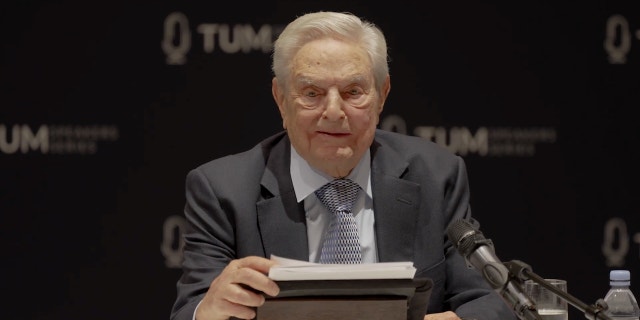 George Soros delivers a speech during the 2023 Munich Security Conference on Thursday.