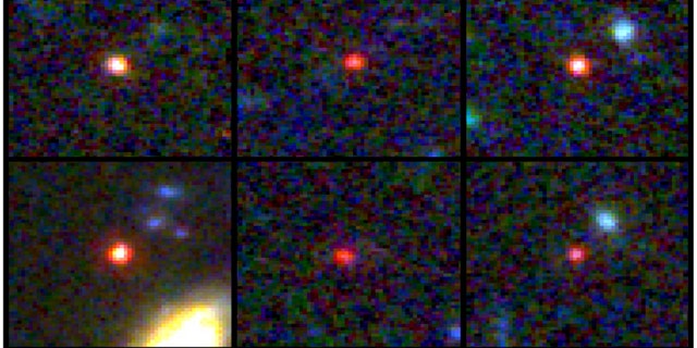 This image provided by NASA and nan European Space Agency shows images of six campaigner monolithic galaxies, seen 500-800 cardinal years aft nan Big Bang. One of nan sources (bottom left) could incorporate arsenic galore stars arsenic our present-day Milky Way, but is 30 times much compact.