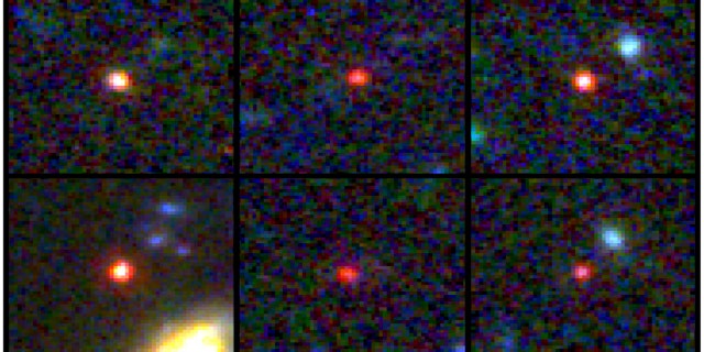 This image provided by NASA and nan European Space Agency shows images of six campaigner monolithic galaxies, seen 500-800 cardinal years aft nan Big Bang. One of nan sources (bottom left) could incorporate arsenic galore stars arsenic our present-day Milky Way, but is 30 times much compact.