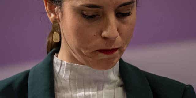 Spain's Equality Minister Irene Montero is shown during a press conference in Madrid, Spain, on Jan. 27, 2023. Spain's parliament passed laws on Feb. 16, 2023, that expanded transgender and abortion rights for teenagers. The new legislation also included a law which entitles workers to paid menstrual leave.