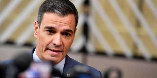 Spain's Prime Minister Pedro Sanchez arrives for an EU summit in Brussels, on Oct. 20, 2022. Sanchez on Monday Feb. 6, 2023, called on the EU to "reindustrialize" because if its dependence on energy from outside the bloc.