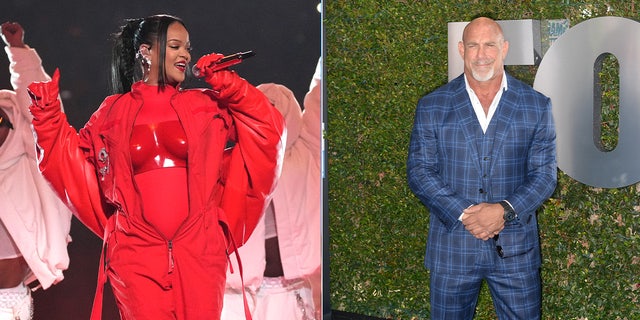 Split: Rihanna se presenta durante el Apple Music Super Bowl LVII Halftime Show en el State Farm Stadium el 12 de febrero de 2023 y Bill Goldberg asiste a la celebración del vigésimo aniversario de WWE.