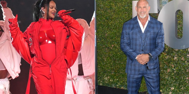 Split: Rihanna performs during Apple Music Super Bowl LVII Halftime Show at State Farm Stadium on February 12, 2023 and Bill Goldberg attends WWE 20th Anniversary Celebration.