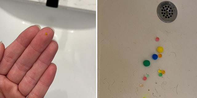 The small size of dry water beads makes them hard to spot, said mom Whitney Reese. Pictured on left, a dry water bead (on Reese's fingertip) and above on right, the 12 water beads that Reese found hidden in her kids' toys.