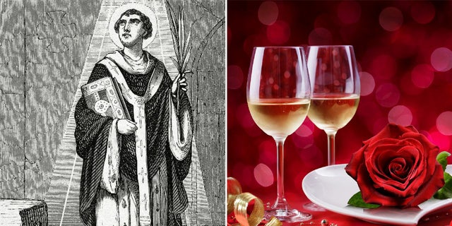 Left, an engraving of St. Valentine (3rd century A.D.) created by Cibera in Christian Century, 1853. Right, a red-themed Valentine's Day dinner table with a wrapped present, filled wine glasses and a single red rose.