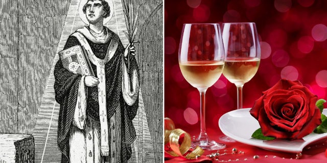 Left, an engraving of St. Valentine (3rd century A.D.) created by Cibera in Christian Century, 1853. Right, a red-themed Valentine's Day dinner table with a wrapped present, filled wine glasses and a single red rose.