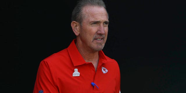 Defensive coordinator Steve Spagnuolo of the Kansas City Chiefs walks onto the field before the game against the Eagles at Lincoln Financial Field on October 3, 2021 in Philadelphia.