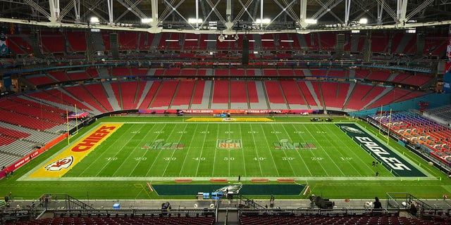 The field is readied ahead of Super Bowl LVII between the Philadelphia Eagles and the Kansas City Chiefs at State Farm Stadium in Glendale, Ariz., Feb. 11, 2023. 