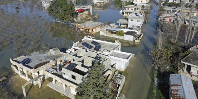 An aerial view of the al-Tlul village flooded after a devastating earthquake destroyed a river dam in the town of Salqeen near the Turkish border, in the Idlib province of Syria, on Thursday, Feb. 9.