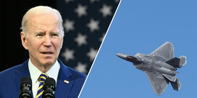 A split photo of President Biden and an F-22 Raptor.