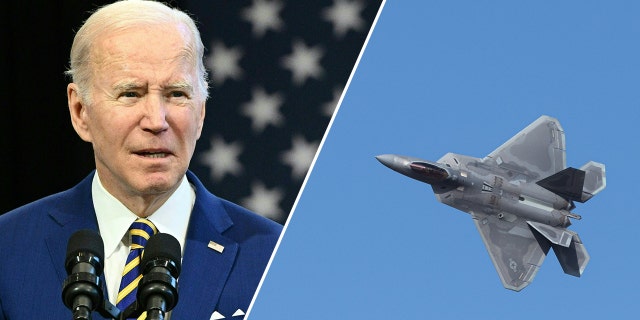 A split photo of President Biden and an F-22 Raptor.