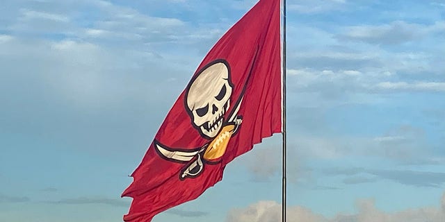 A giant pirate flag with menacing skull-and-swords logo, outside Raymond James Stadium, home of the Tampa Bay Buccaneers. Tampa's NFL franchise, the Buccaneers, is a tribute to the region's pirate lore. 