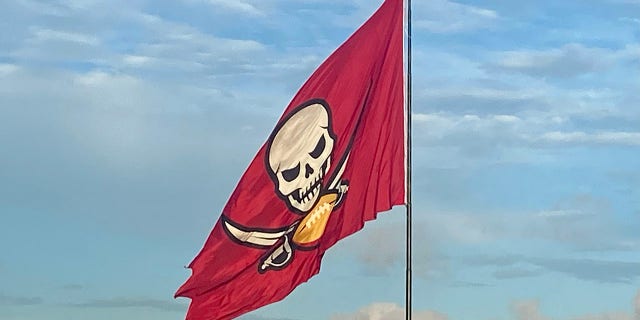 A giant pirate flag with menacing skull-and-swords logo, outside Raymond James Stadium, home of the Tampa Bay Buccaneers. Tampa's NFL franchise, the Buccaneers, is a tribute to the region's pirate lore. 