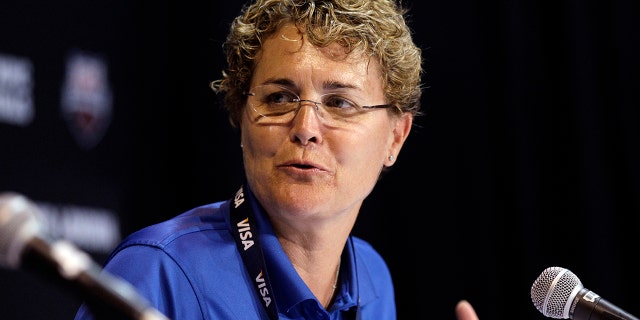 US Olympic team head coach Teri McKeever speaks during a news conference at the US Olympic Swimming Trials, Sunday, June 24, 2012, in Omaha, Nebraska.