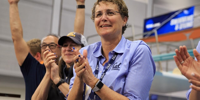 California Bears head coach Teri McKeever reacts after a run at the 2019 Division I Women's Championship on March 23, 2019 in Austin, Texas. 