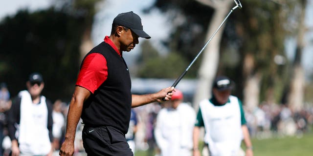 Tiger Woods of the United States reacts after a putt on the 13th green during the final round of the Genesis Invitational at Riviera Country Club on February 19, 2023, in Pacific Palisades, California.