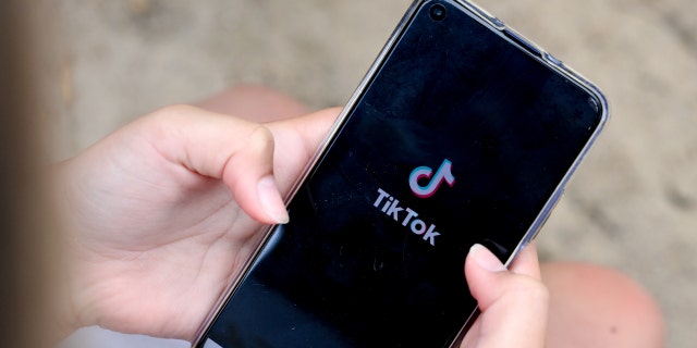 A girl is holding a smartphone in her hands with the logo of the short video app TikTok on it.