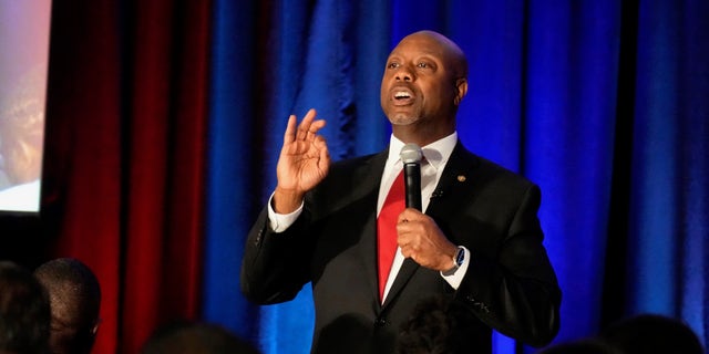 Republican Sen. Tim Scott of South Carolina delivers an address on Black History Month at the Citadel in Charleston, S.C. on Feb. 16, 2023.