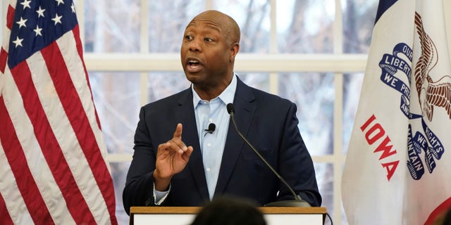 Sen. Tim Scott, R-S.C. speaks during a Faith in America Tour event, Wednesday, Feb. 22, 2023, at Drake University in Des Moines, Iowa. (AP Photo/Charlie Neibergall)