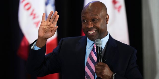 Sen. Tim Scott, R-S.C. speaks during the Republican Party of Polk County Lincoln Dinner, Wednesday, Feb. 22, 2023, in West Des Moines, Iowa.