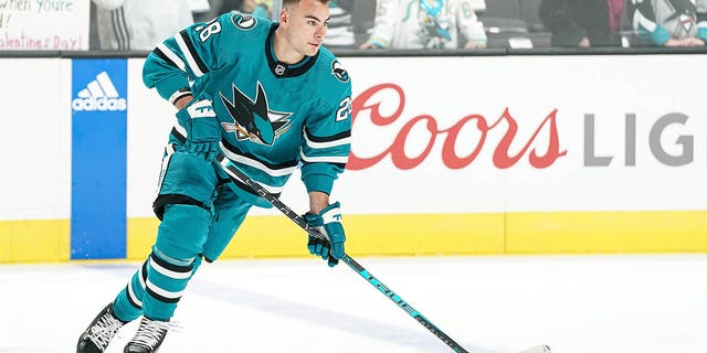 Timo Meier #28 of the San Jose Sharks skates during warmups before the game against the Pittsburgh Penguins at SAP Center on February 14, 2023, in San Jose, California.