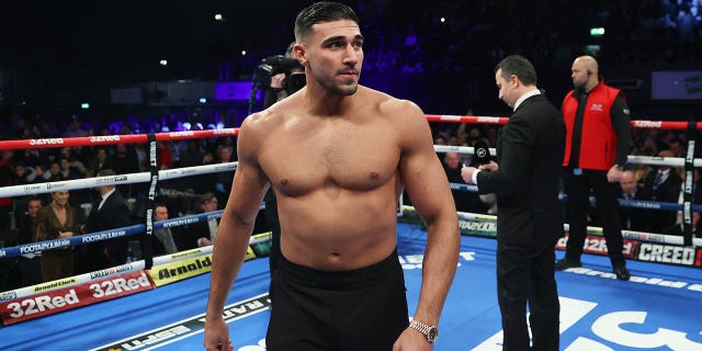 Tommy Fury prepares to face off with Jake Paul, ahead of their upcoming fight on the 26th of February in Diriyah in Saudi Arabia, prior to the IBF, WBC, WBO World Light Heavyweight Title fight between Artur Beterbiev and Anthony Yarde at OVO Arena Wembley on January 28, 2023 in London, England.