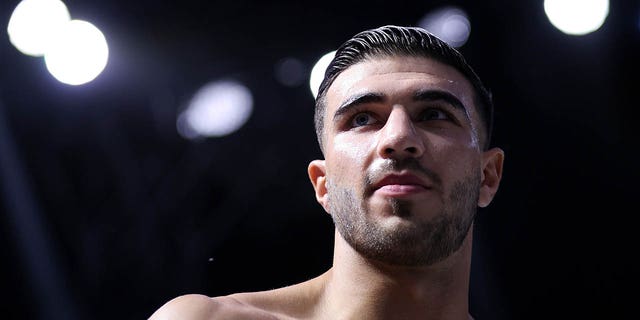 Tommy Fury looks on as they enter the arena during their ring walk prior to the Cruiserweight Title fight between Jake Paul and Tommy Fury at Diriyah Arena on February 26, 2023, in Riyadh, Saudi Arabia.