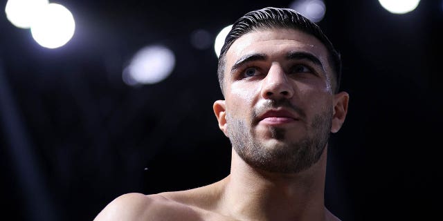 Tommy Fury looks on as they enter the arena during their ring walk prior to the Cruiserweight Title fight between Jake Paul and Tommy Fury at Diriyah Arena on February 26, 2023, in Riyadh, Saudi Arabia.