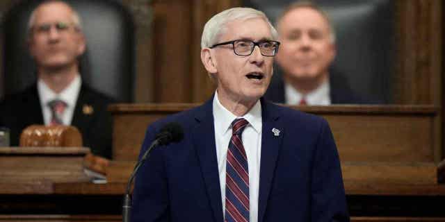 Gov. Tony Evers speaks during the annual State of the State address on Jan. 24, 2023, in Madison, Wisconsin. The state budget plan Evers unveils on Feb. 15, 2023, will include tax cuts for the middle class.