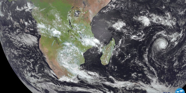 Cyclone Freddy, right, is shown in the Indian Ocean near Madagascar on Feb. 17, 2023. 