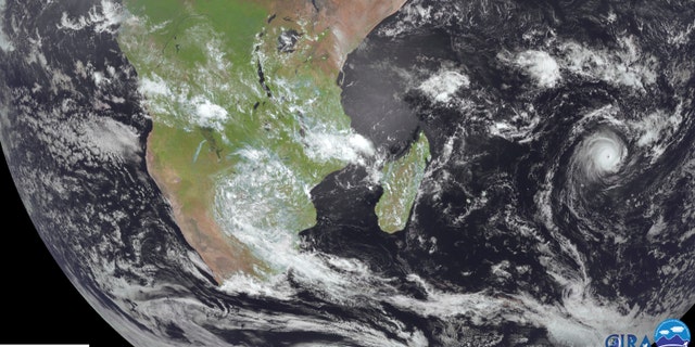 Cyclone Freddy, right, is shown in the Indian Ocean near Madagascar on Feb. 17, 2023.