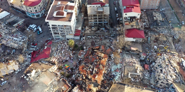 An aerial view of collapsed buildings after earthquakes hit Kahramanmaras, Turkey, on Feb. 7, 2023. 