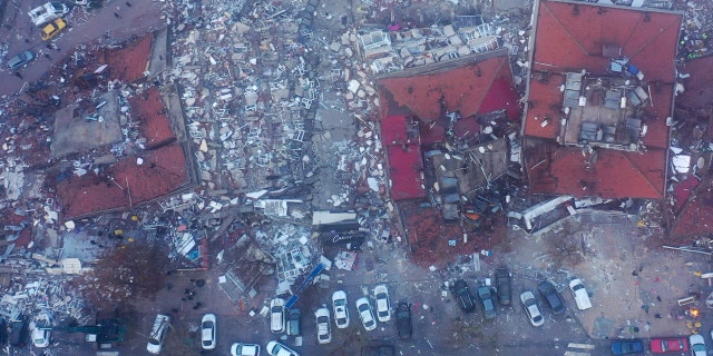 An aerial view of collapsed buildings in Kahramanmaras, Turkey, on Feb. 7, 2023. 