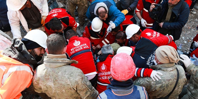 Search and rescue teams continue the rescue operation on Feb. 16, 2023, in Hatay, Turkey.