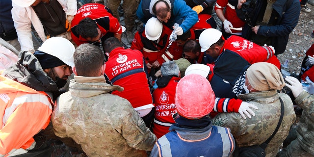 Search and rescue teams continue the rescue operation on Feb. 16, 2023, in Hatay, Turkey.