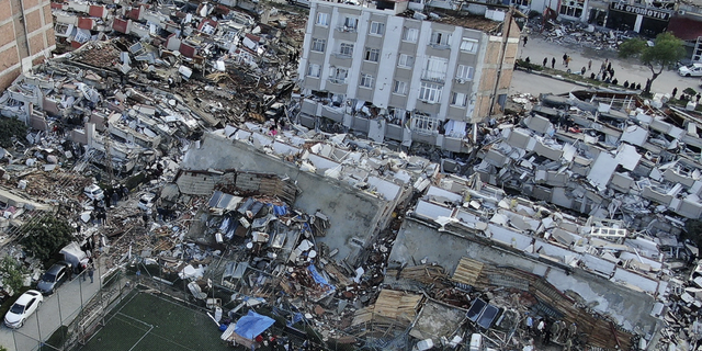 This aerial photo shows the destruction in Hatay city center, southern Turkey, on Tuesday, Feb. 7.