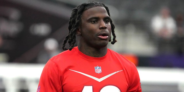 AFC receiver Tyreek Hill of the Miami Dolphins during practice for the Pro Bowl Games at Allegiant Stadium on February 4, 2023, in Las Vegas.