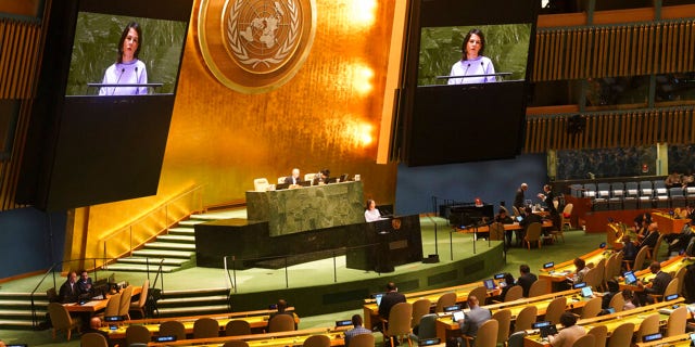 Germany's foreign minister Annalena Baerbock address the United Nations General Assembly before a vote for a U.N. resolution upholding Ukraine's territorial integrity and calling for a cessation of hostilities after Russia's invasion, Thursday Feb. 23, 2023, at U.N. headquarters. 