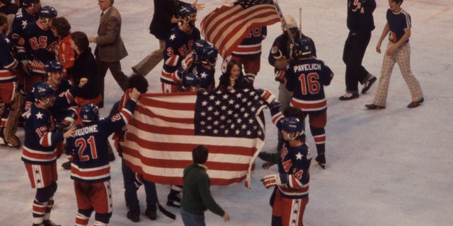 Lake Placid, 1980: The United States beat Finland in the gold medal game of the Men's ice hockey tournament at the 1980 Winter Olympics, two days after more famously beating the Soviet Union. XIII Olympic Winter Games, Olympic Fieldhouse.