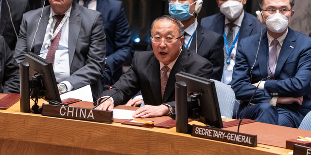 Chinese Ambassador Zhang Jun speaks after Security Council voted on a joint resolution to condemn Russian on annexation at UN Headquarters.