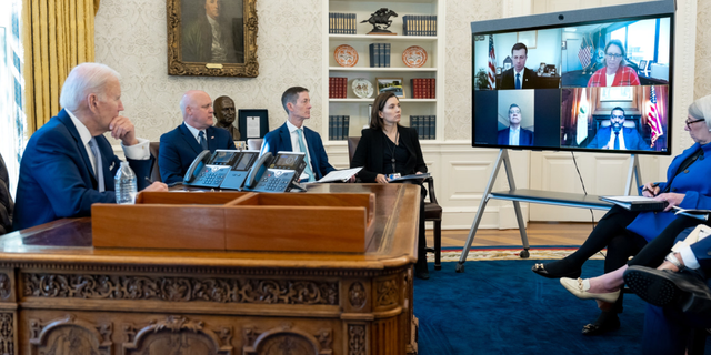 Biden speaks with administration officials about East Palestine train derailment.