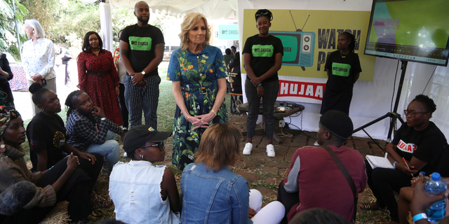 US first lady Jill Biden, centre, meets youth at Village Creative in Nairobi, Kenya, Saturday, Feb. 25, 2023. Biden is in Kenya on the second and final stop of her trip. 