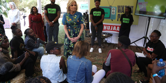 US first lady Jill Biden, centre, meets youth at Village Creative in Nairobi, Kenya, Saturday, Feb. 25, 2023. Biden is in Kenya on the second and final stop of her trip. 